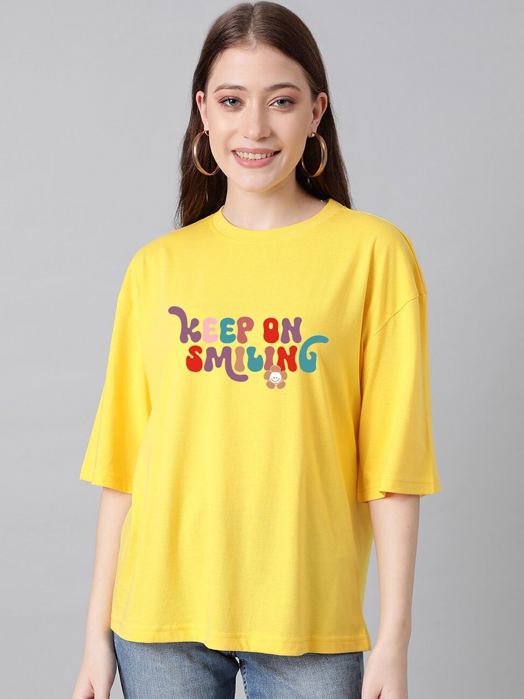 KOTTY Basics Typography Printed Drop-Shoulder Sleeves Oversized T-shirt