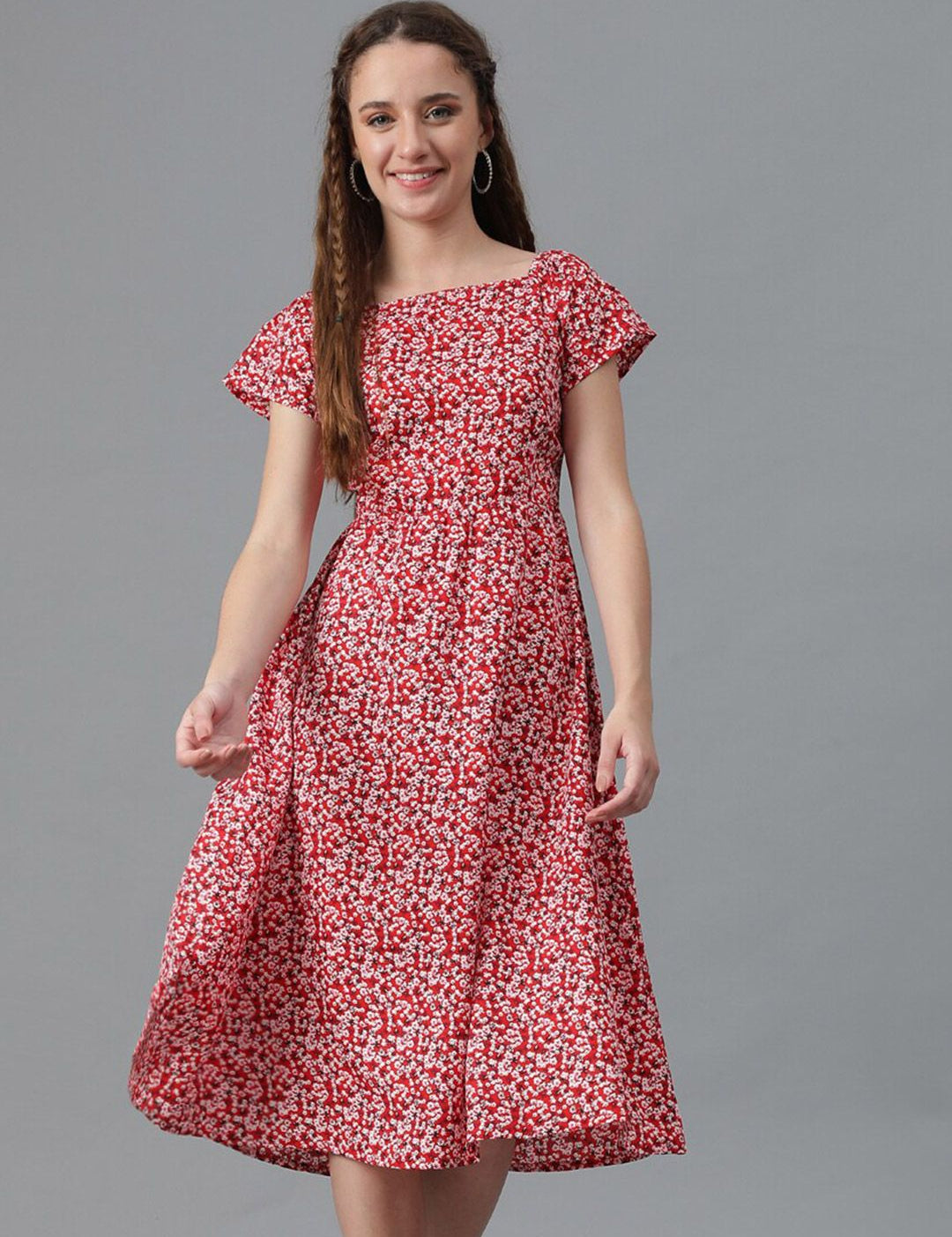 Kotty Red Floral Printed Square Neck Smocked Detailed Fit & Flare Midi Dress