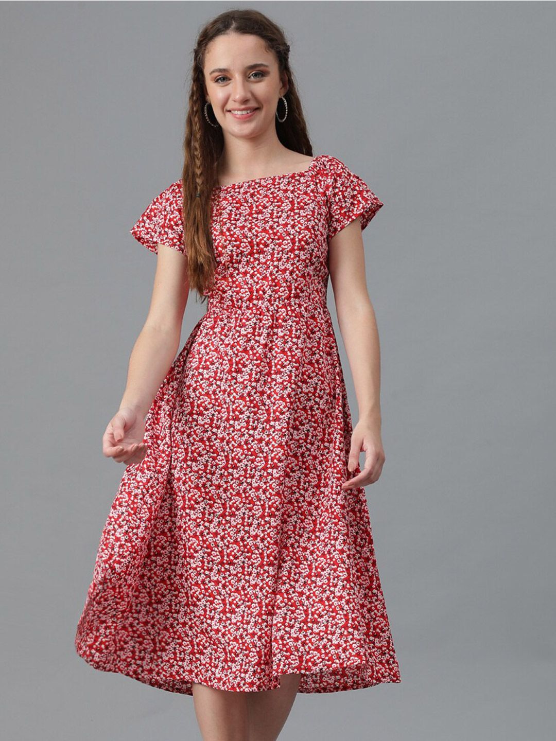 Kotty Red Floral Printed Square Neck Smocked Detailed Fit & Flare Midi Dress