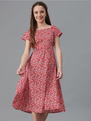 Kotty Red Floral Printed Square Neck Smocked Detailed Fit & Flare Midi Dress