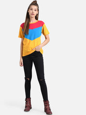 Kotty Women Yellow & Blue Colourblocked Round Neck T-shirt
