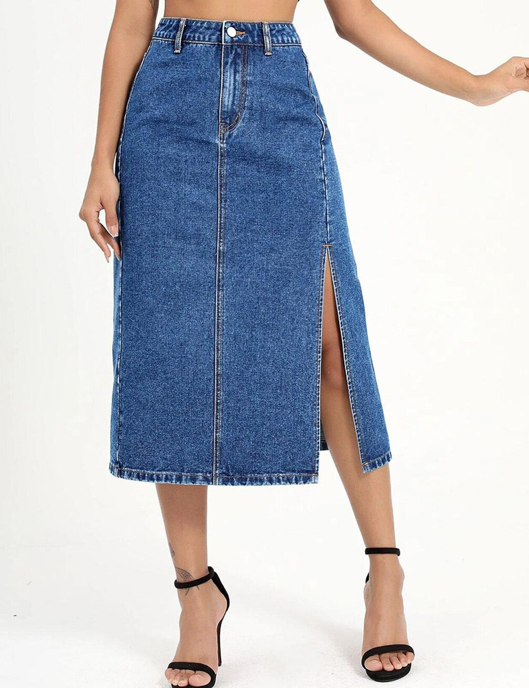 Kotty Slit Hem A-line Denim Midi Skirt