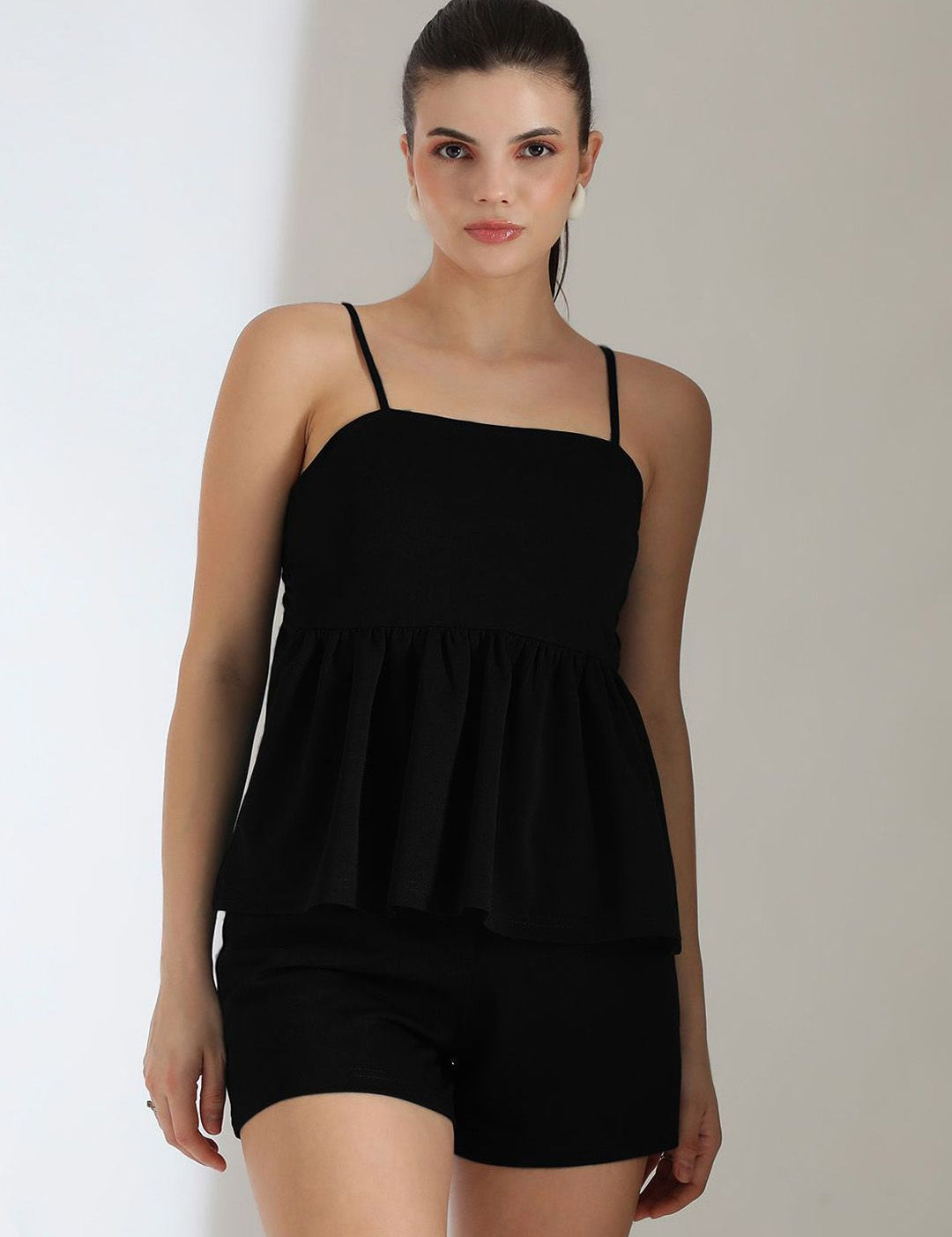 Kotty Black Shoulder Straps Top With Shorts