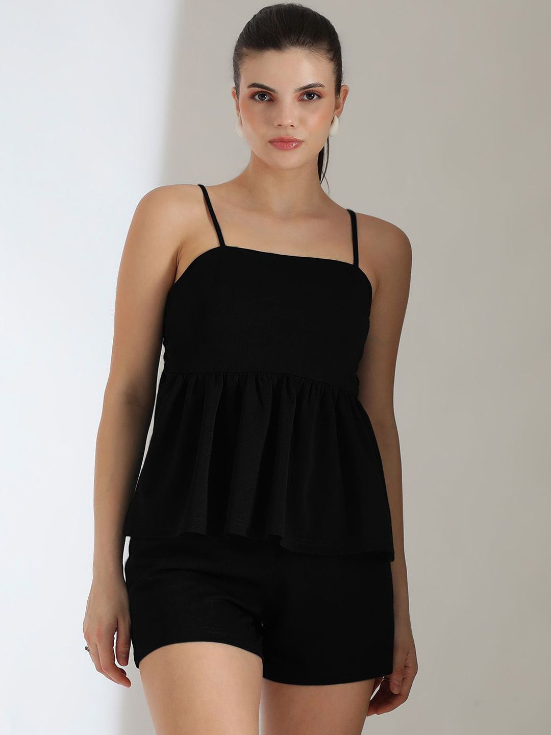Kotty Black Shoulder Straps Top With Shorts