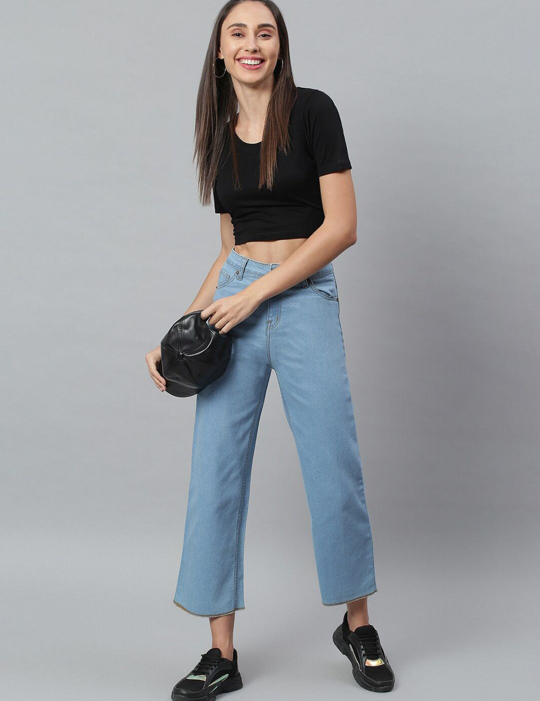 Kotty Women Blue Solid Cotton High-Rise Crop Flared Jeans