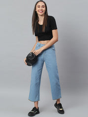 Kotty Women Blue Solid Cotton High-Rise Crop Flared Jeans