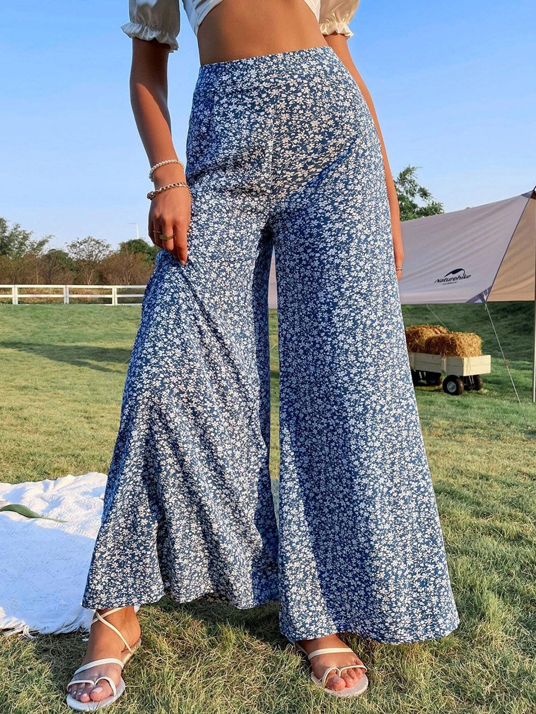 Kotty Women Multicoloured Floral Printed Relaxed Flared High-Rise Easy Wash Wide Leg Trousers