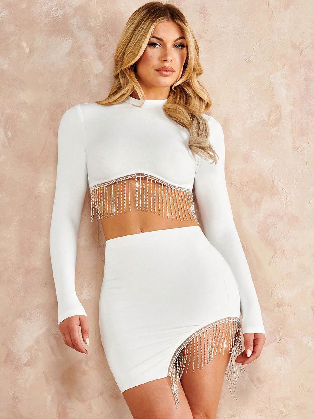 Kotty White High Neck Top With Skirt