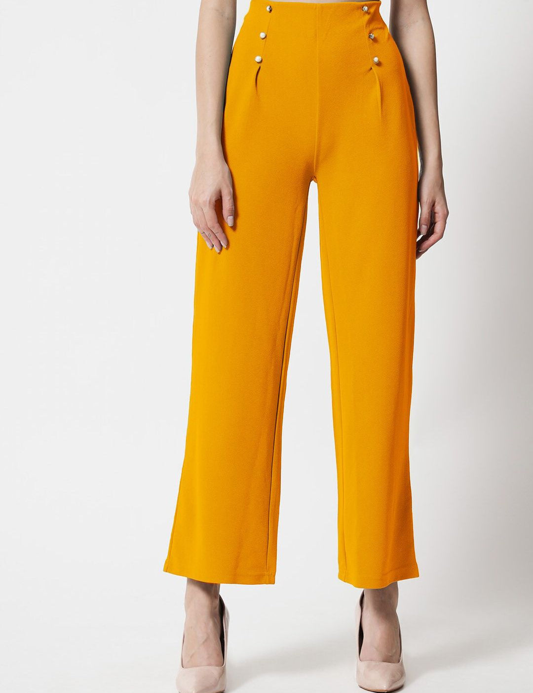 Kotty Women Yellow Relaxed Straight Fit High-Rise Easy Wash Trousers