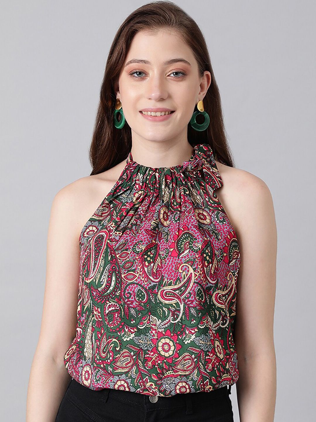 Kotty Green & Pink Ethnic Motifs Printed Halter Neck Top