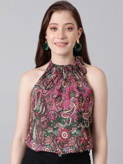 Kotty Green & Pink Ethnic Motifs Printed Halter Neck Top