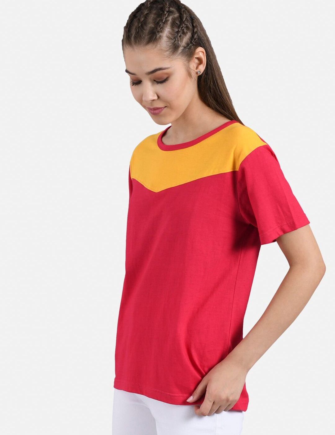 Kotty Women Pink & Mustard Yellow Colourblocked Boat Neck T-shirt
