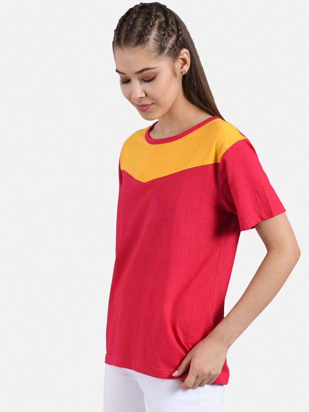 Kotty Women Pink & Mustard Yellow Colourblocked Boat Neck T-shirt