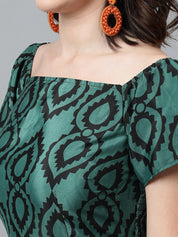 Kotty Green Ethnic Motifs Printed Square Neck Puffed Sleeves Fit & Flare Midi Dress