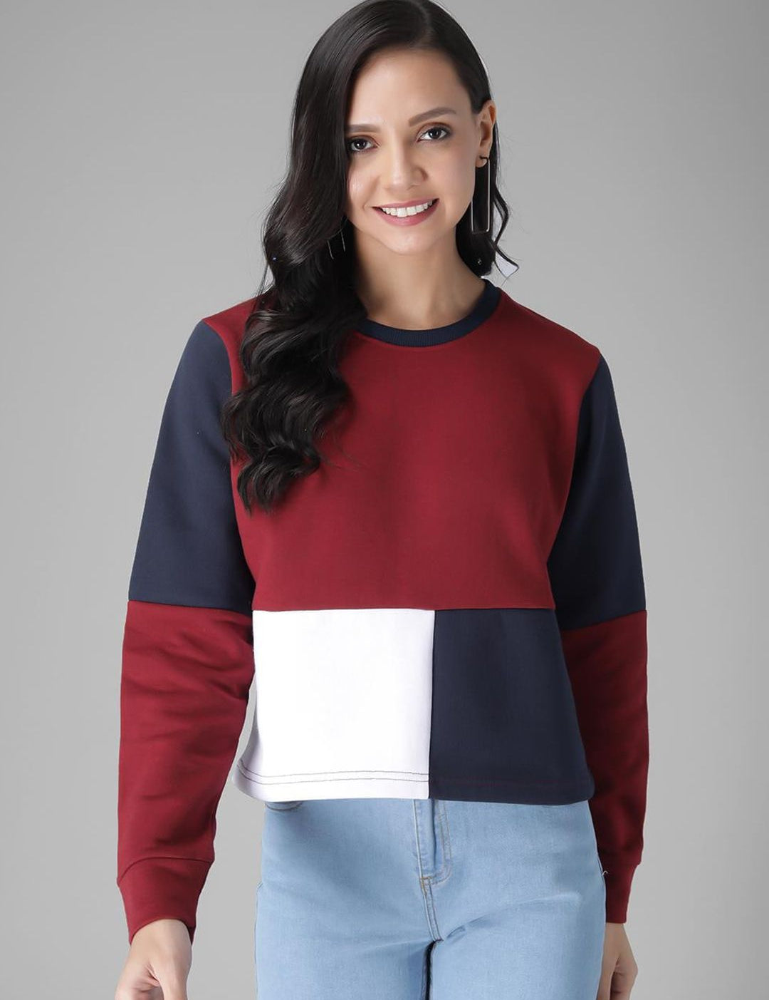 Kotty Women Maroon & White Colourblocked Sweatshirt