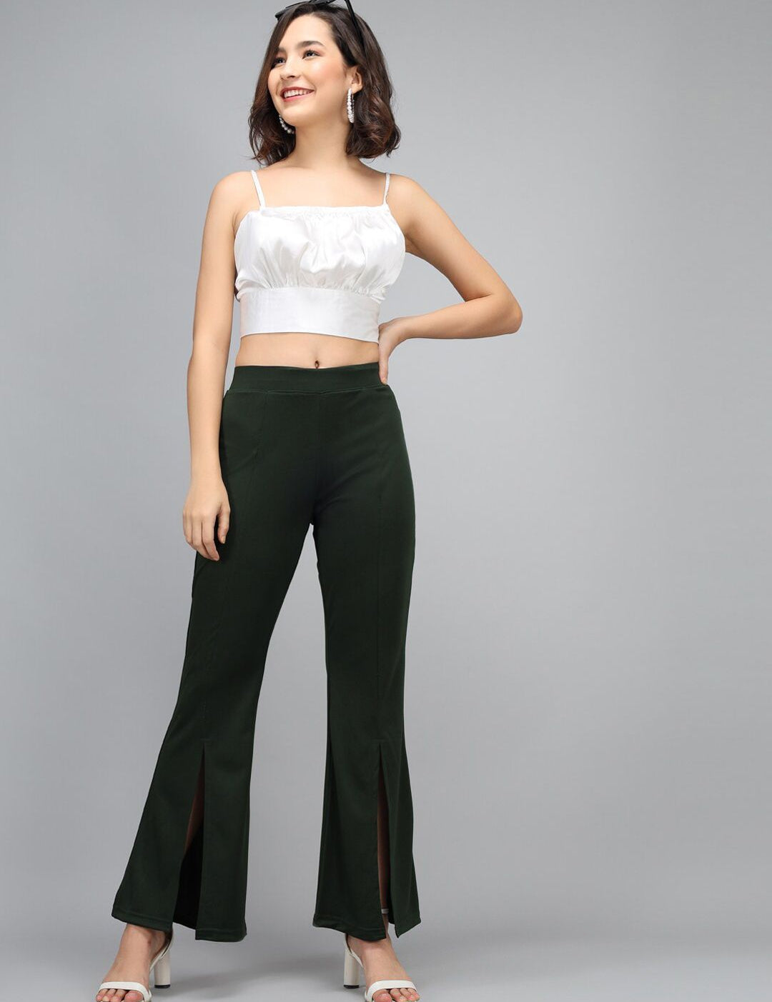 Kotty Women Green Flared High-Rise Bootcut Trousers