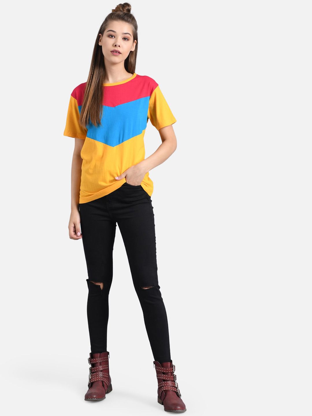 Kotty Women Multicoloured Pack of 2 Colourblocked Round Neck T-shirt
