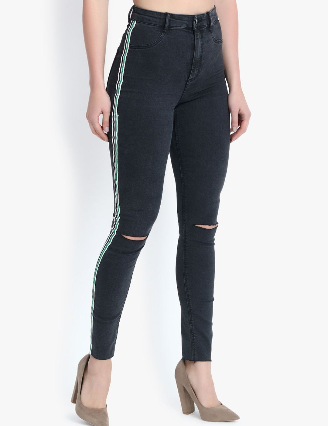 Kotty Women Black Skinny Fit High-Rise Slash Knee Stretchable Jeans