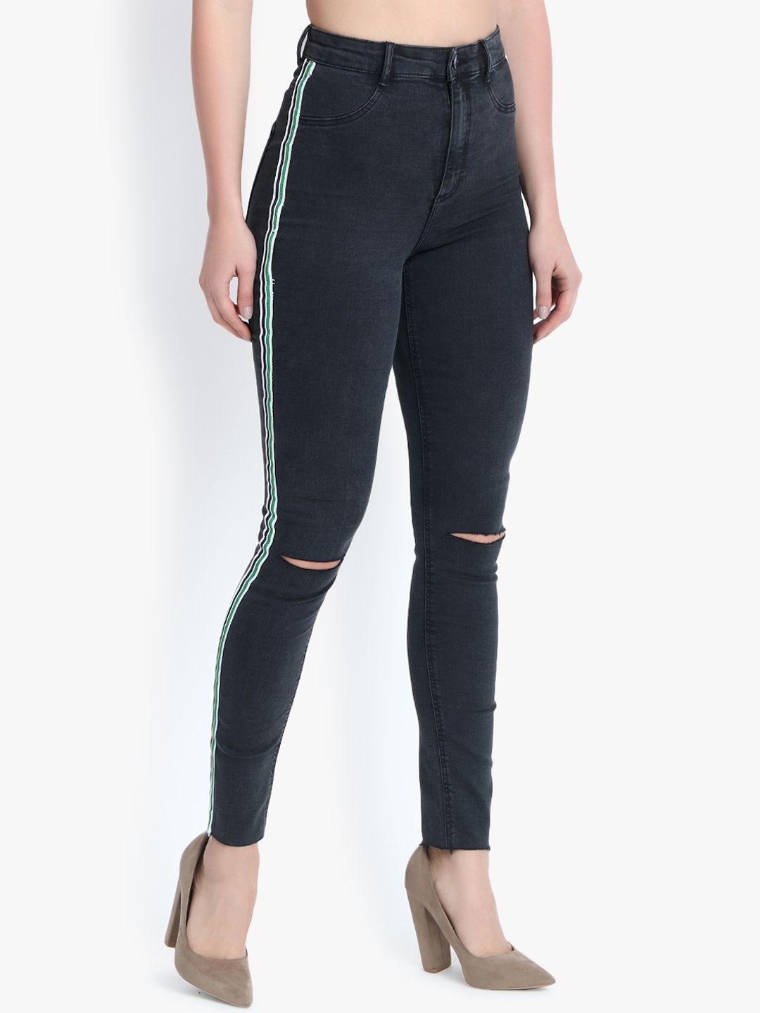 Kotty Women Black Skinny Fit High-Rise Slash Knee Stretchable Jeans