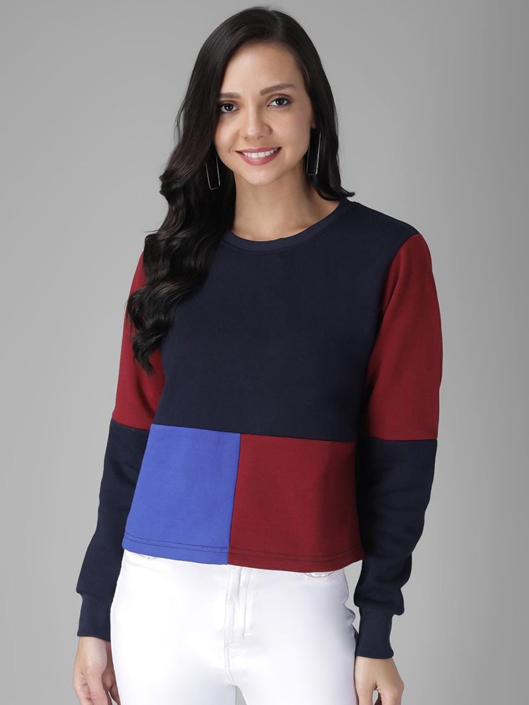 Kotty Women Maroon & Blue Colourblocked Sweatshirt