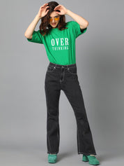 Kotty Green Typography Printed Drop-Shoulder Sleeves Oversized T-shirt