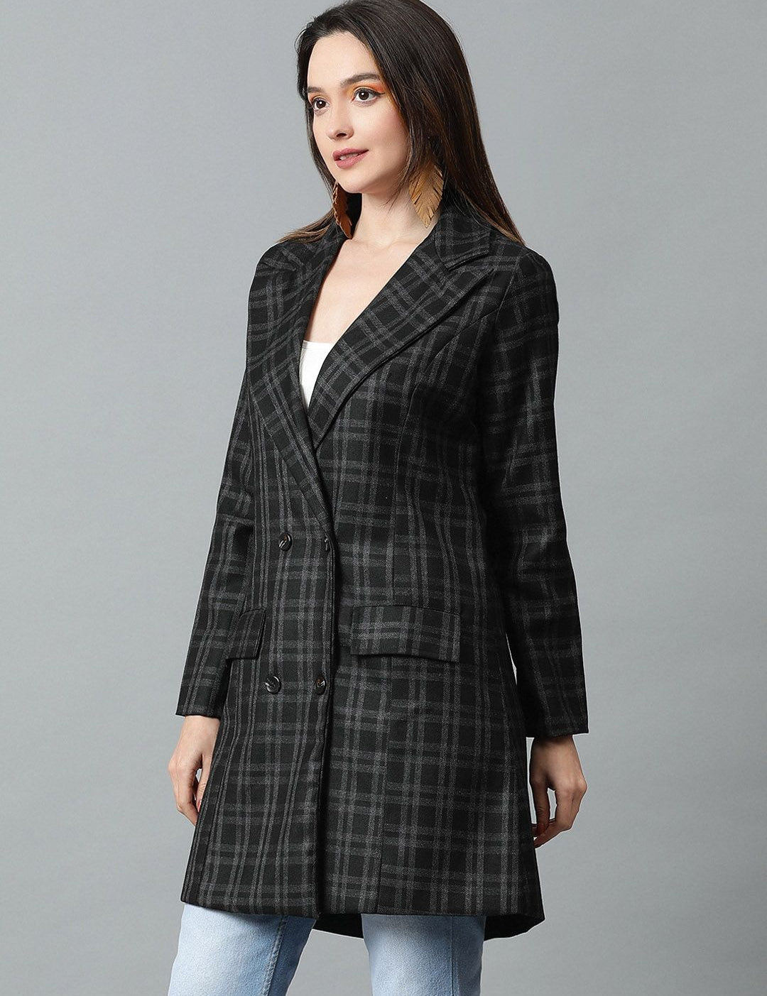 KOTTY BIZwear Black Checked Double-Breasted Overcoat