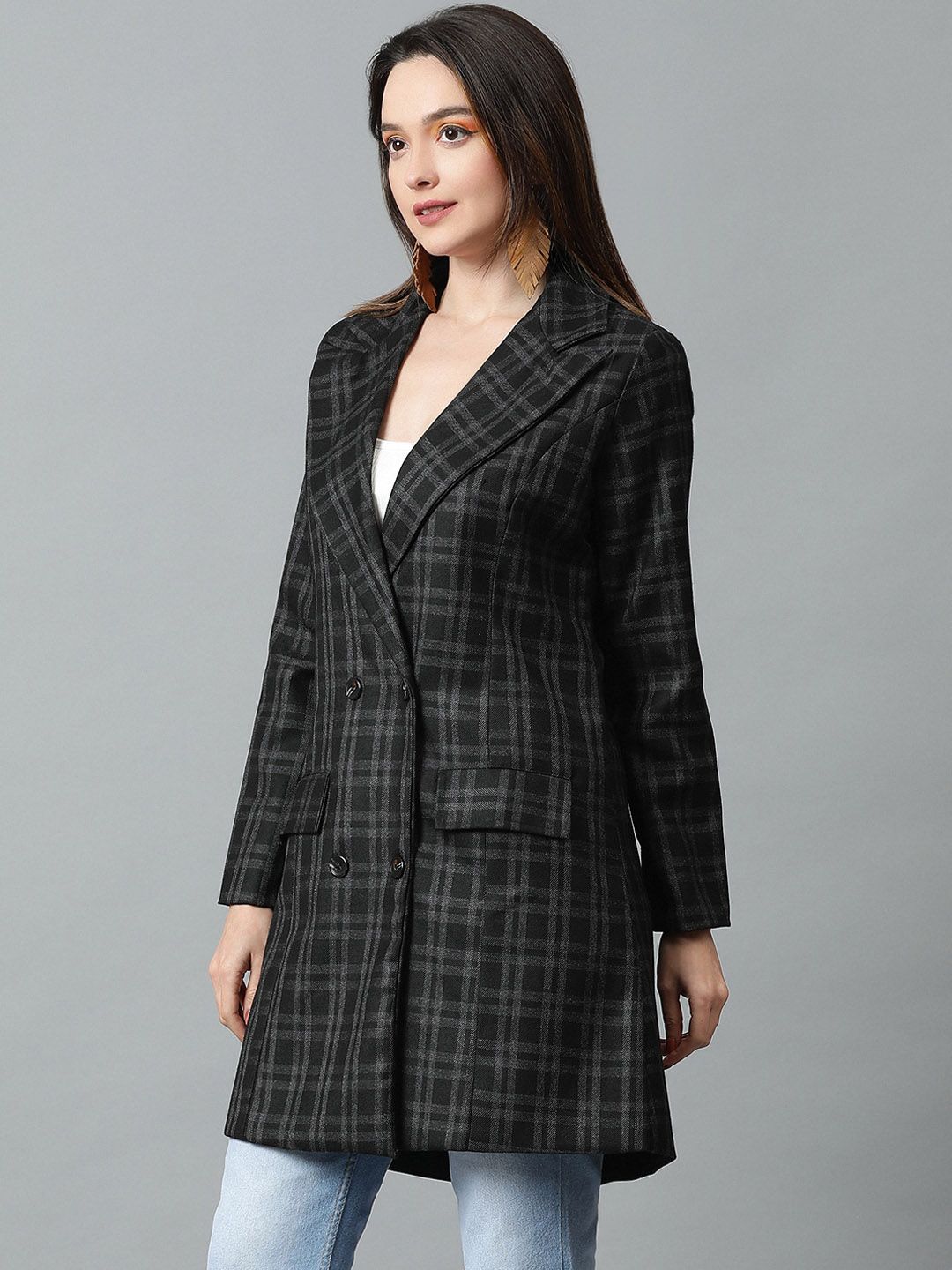 KOTTY BIZwear Black Checked Double-Breasted Overcoat