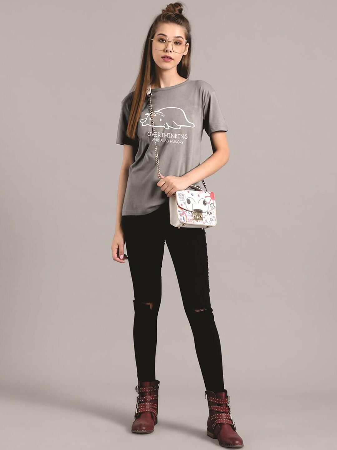 Kotty Women Grey Printed Round Neck T-shirt