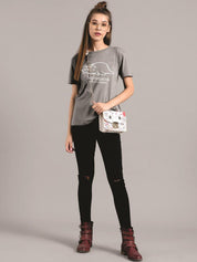 Kotty Women Grey Printed Round Neck T-shirt