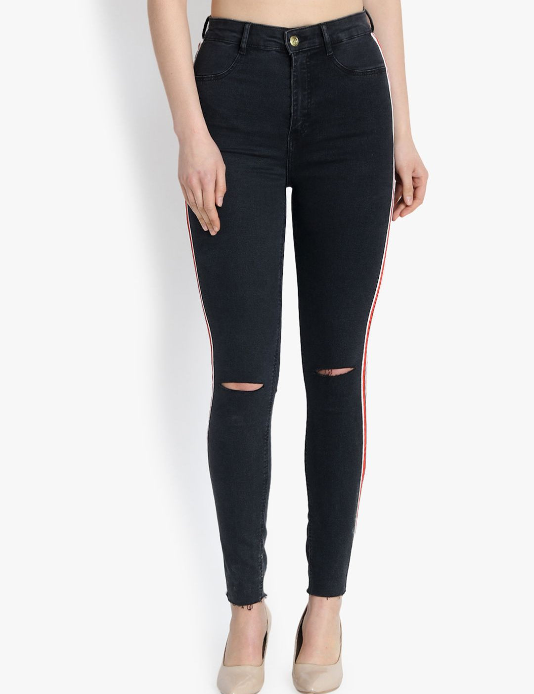 Kotty Women Black Skinny Fit High-Rise Slash Knee Jeans