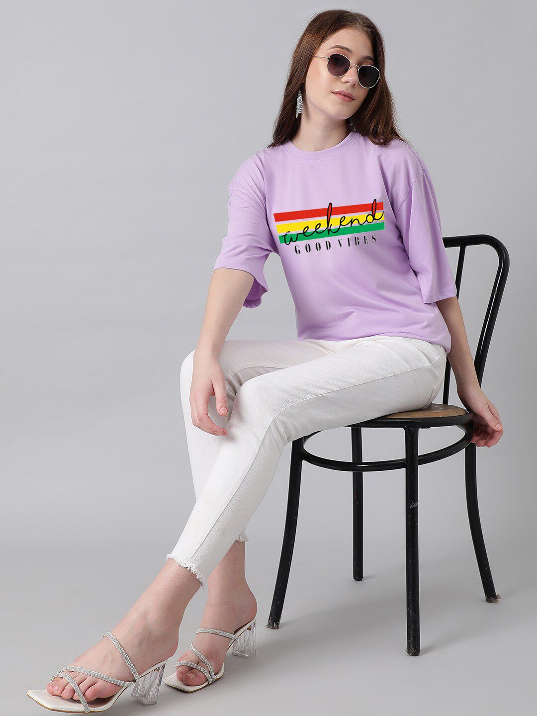 Kotty Typography Printed Drop-Shoulder Sleeves Oversized T-shirt