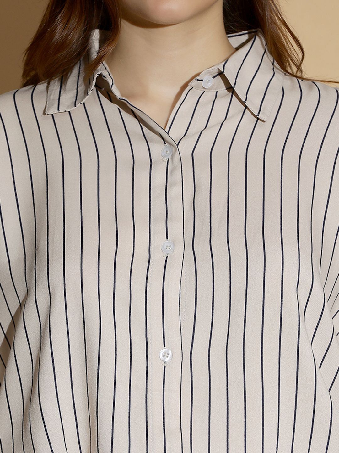 Kotty Women Spread Collar Vertical Striped Cotton Oversized Casual Shirt