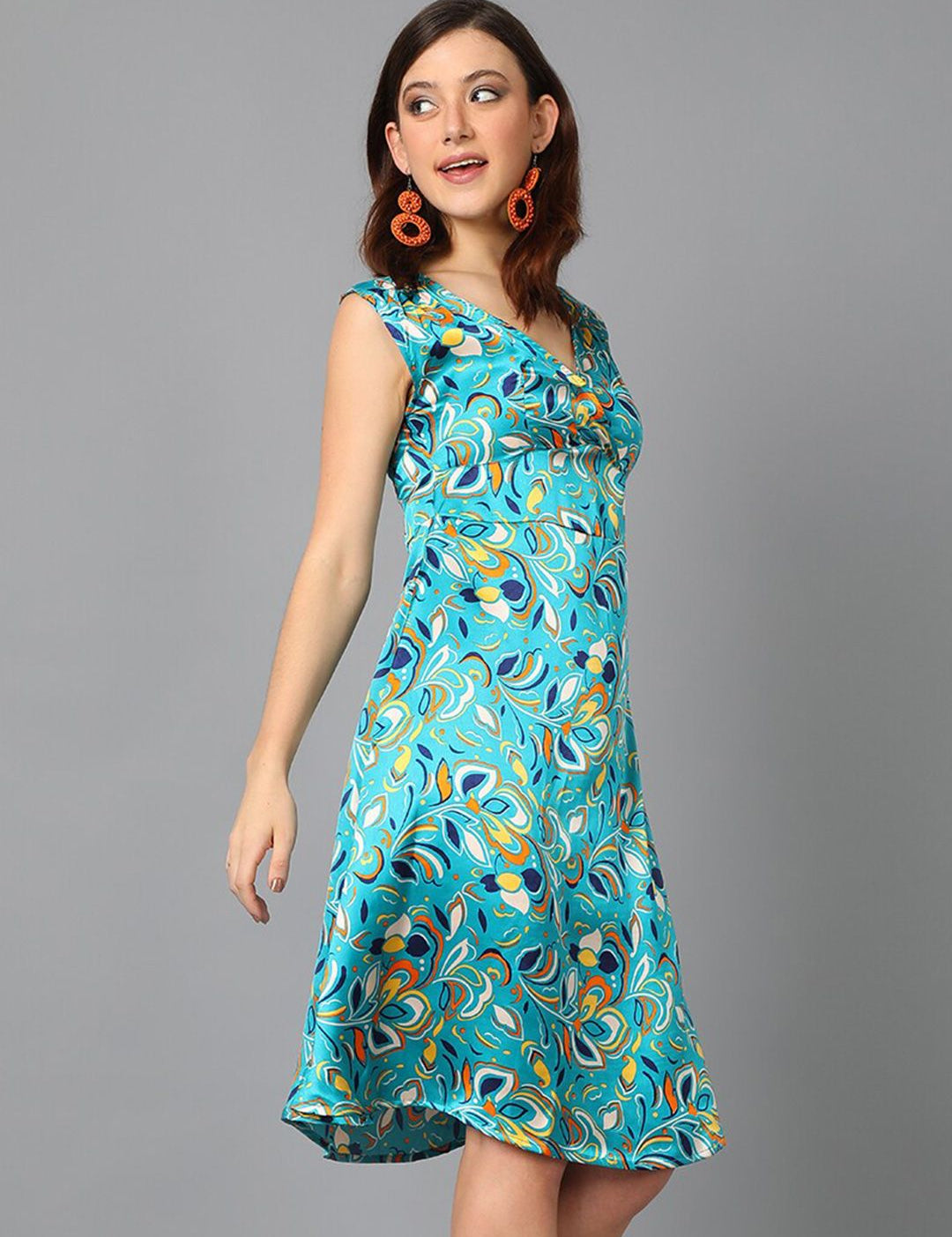 Kotty Blue & Yellow Floral Printed Satin A Line Dress