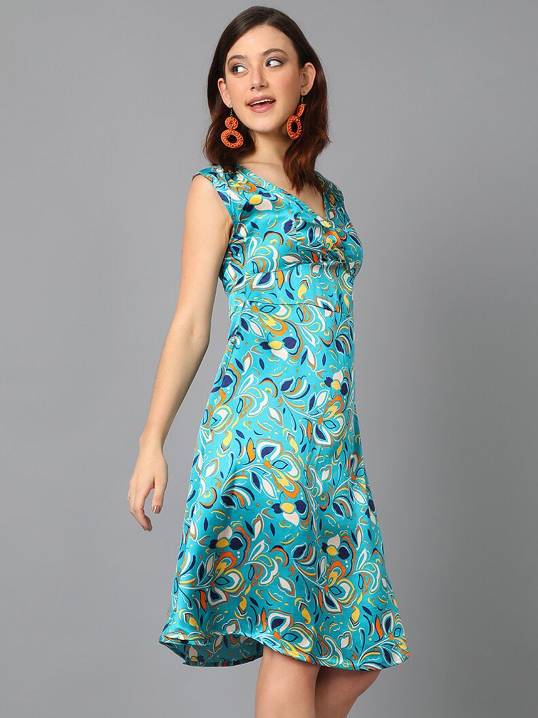 Kotty Blue & Yellow Floral Printed Satin A Line Dress
