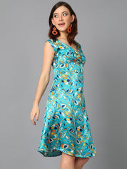 Kotty Blue & Yellow Floral Printed Satin A Line Dress