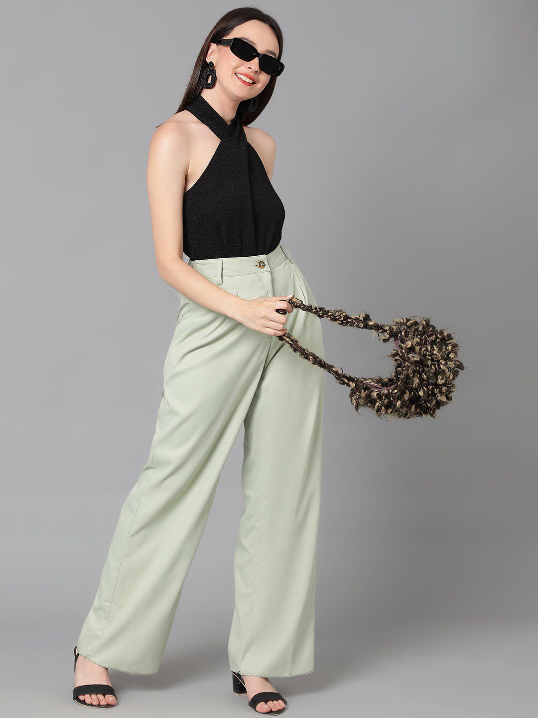 Kotty Women Green Relaxed Straight Leg High-Rise Easy Wash Pleated Trousers