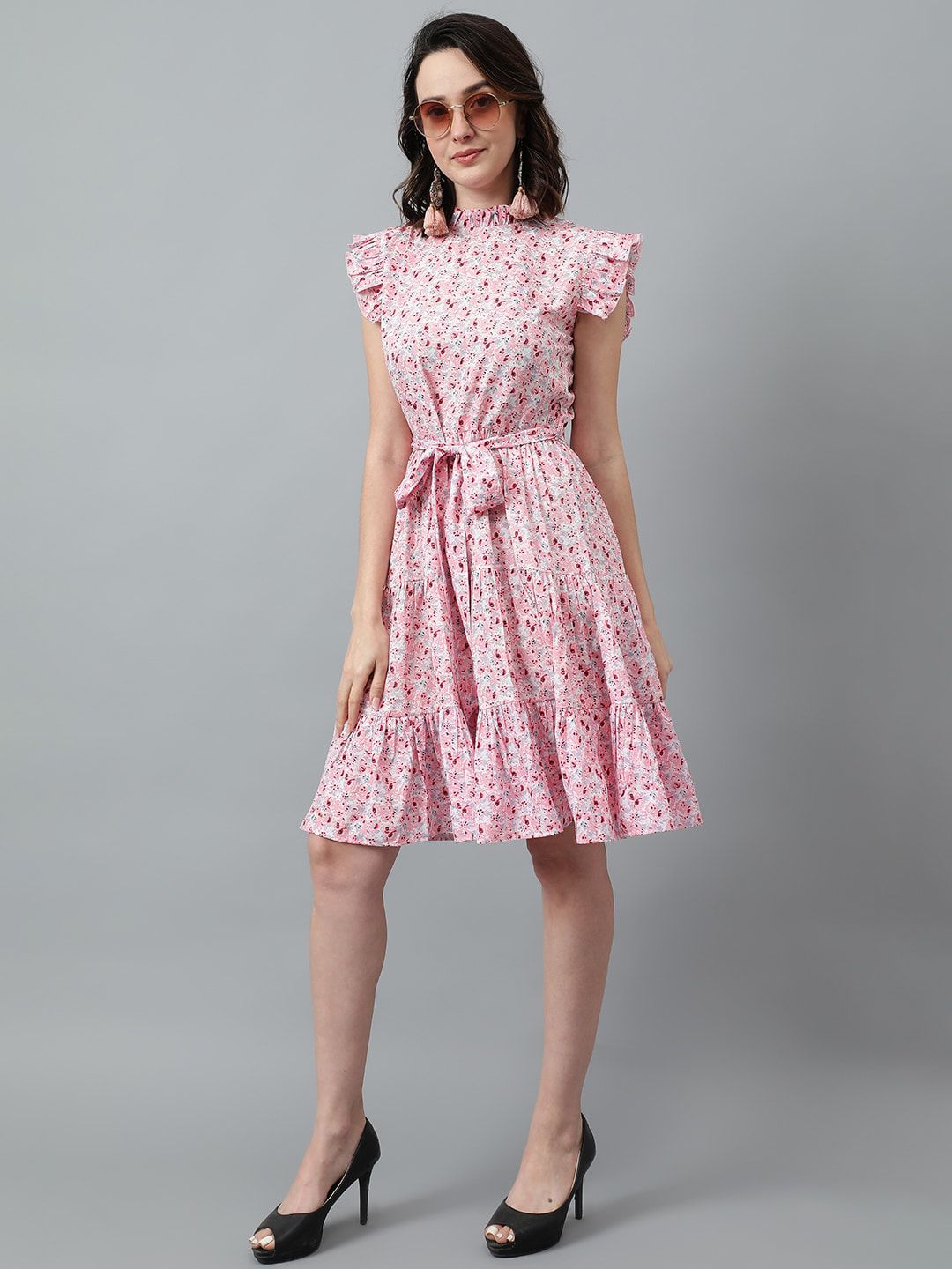 Kotty Pink & White Floral Printed High Neck Ruffled Fit & Flare Dress