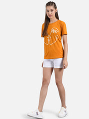 Kotty Women Mustard Yellow Printed Round Neck T-shirt