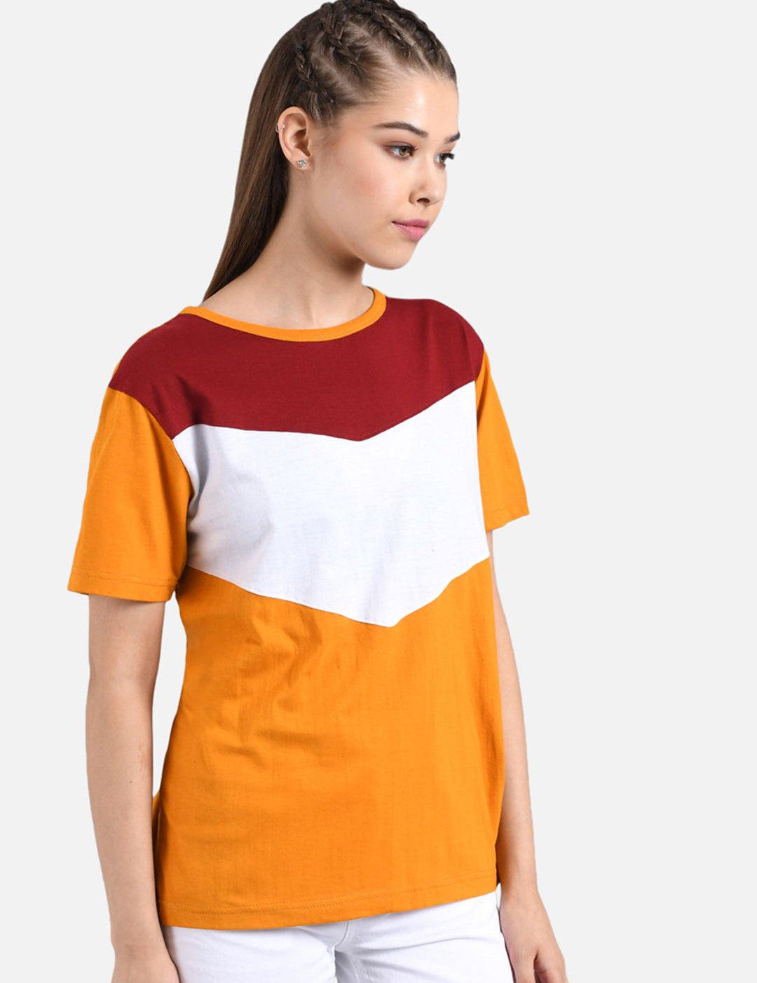 Kotty Women Mustard Yellow & White Colourblocked Boat Neck T-shirt