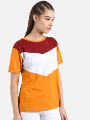 Kotty Women Mustard Yellow & White Colourblocked Boat Neck T-shirt