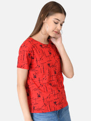 Kotty Women Red Printed Round Neck T-shirt