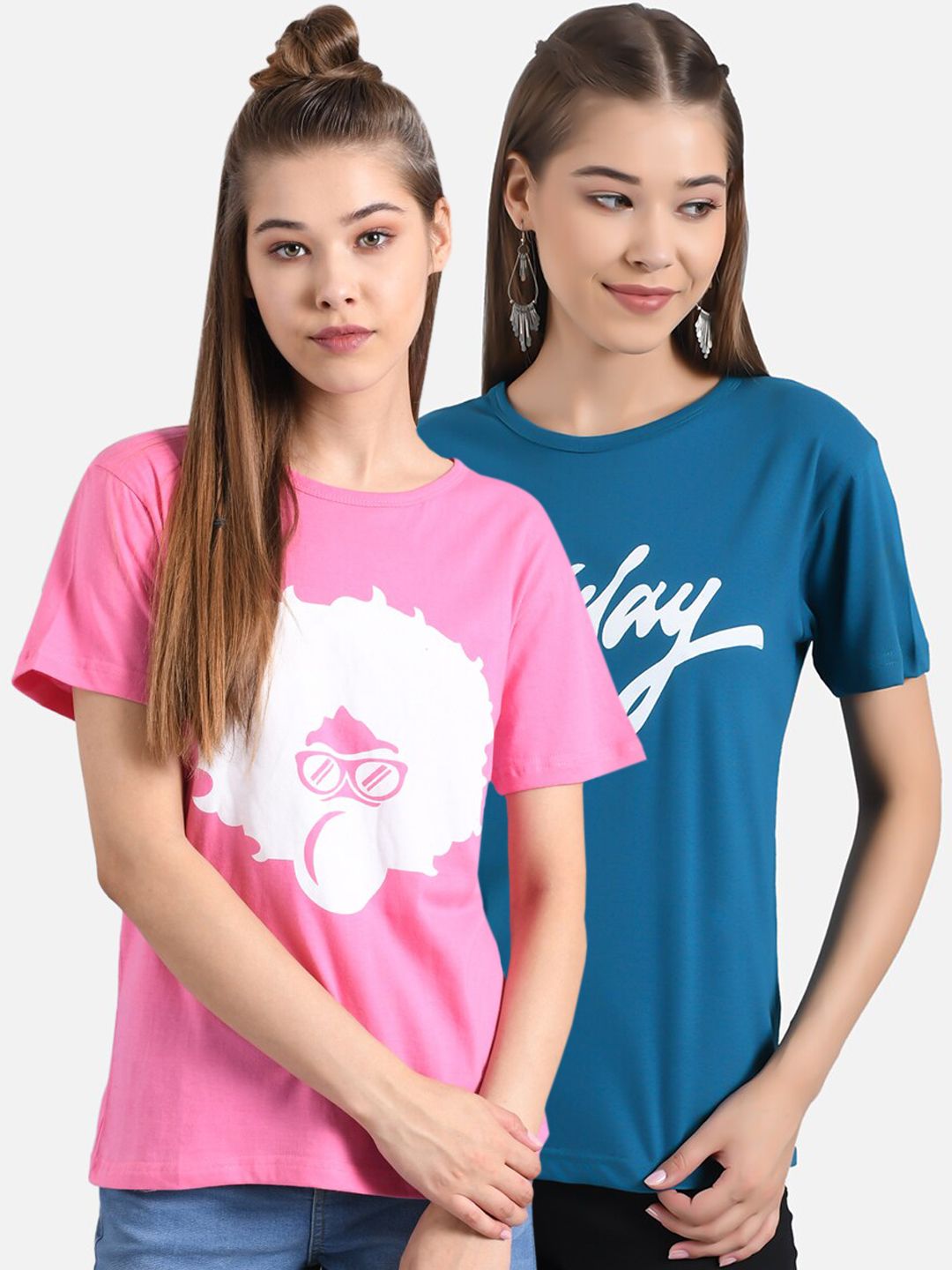 Kotty Women Blue Colourblocked Round Neck T-shirt