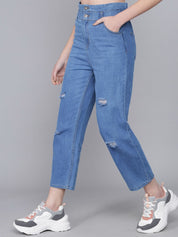 Kotty Women Blue Boyfriend Fit High-Rise Mildly Distressed Light Fade Jeans