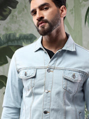 Kotty Men Solid Spread Collar Insulator Pure Cotton Denim Jacket