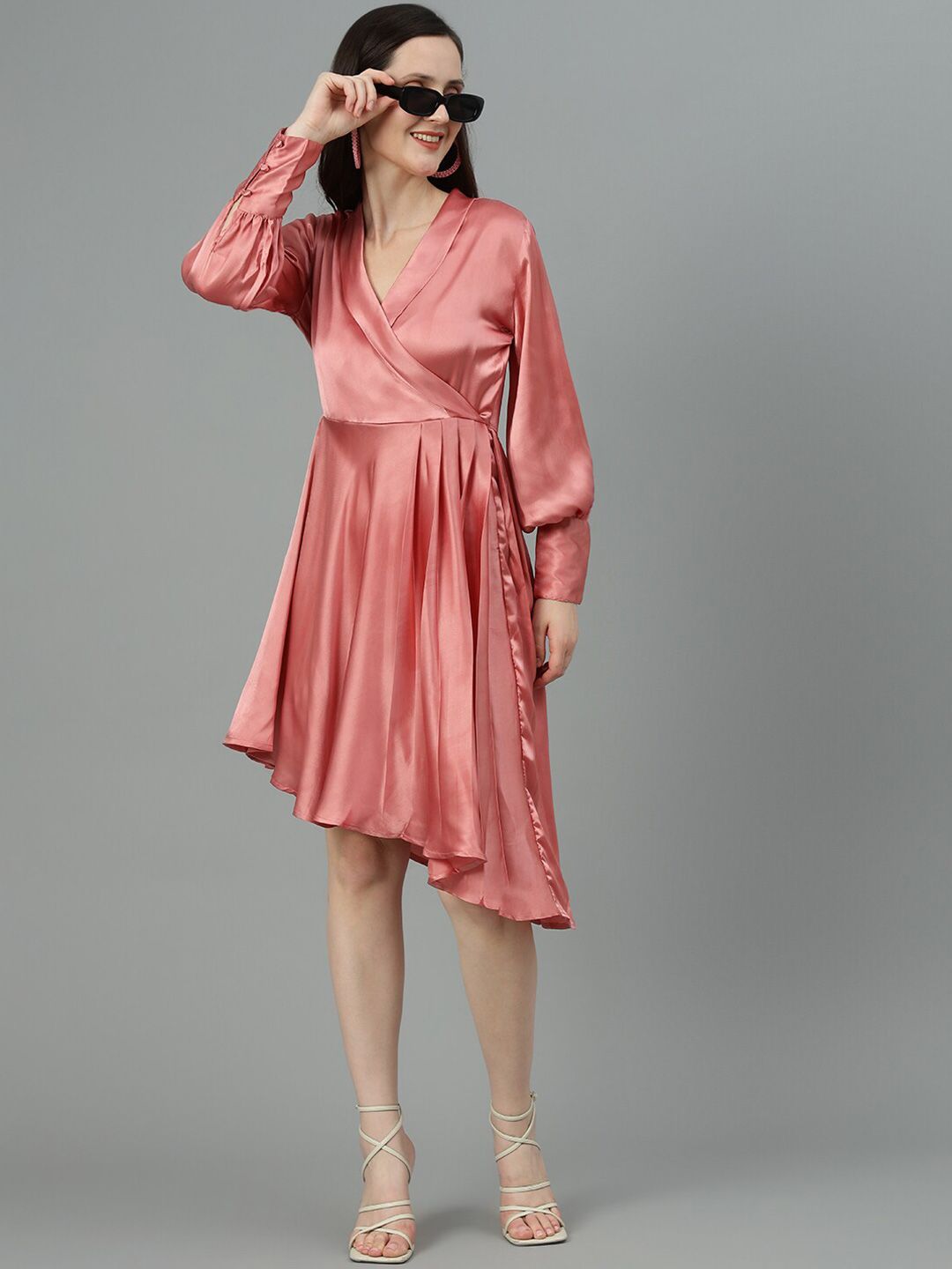 Kotty Pink V Neck Cuffed Sleeves Satin Pleated Fit & Flare Dress