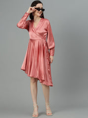 Kotty Pink V Neck Cuffed Sleeves Satin Pleated Fit & Flare Dress