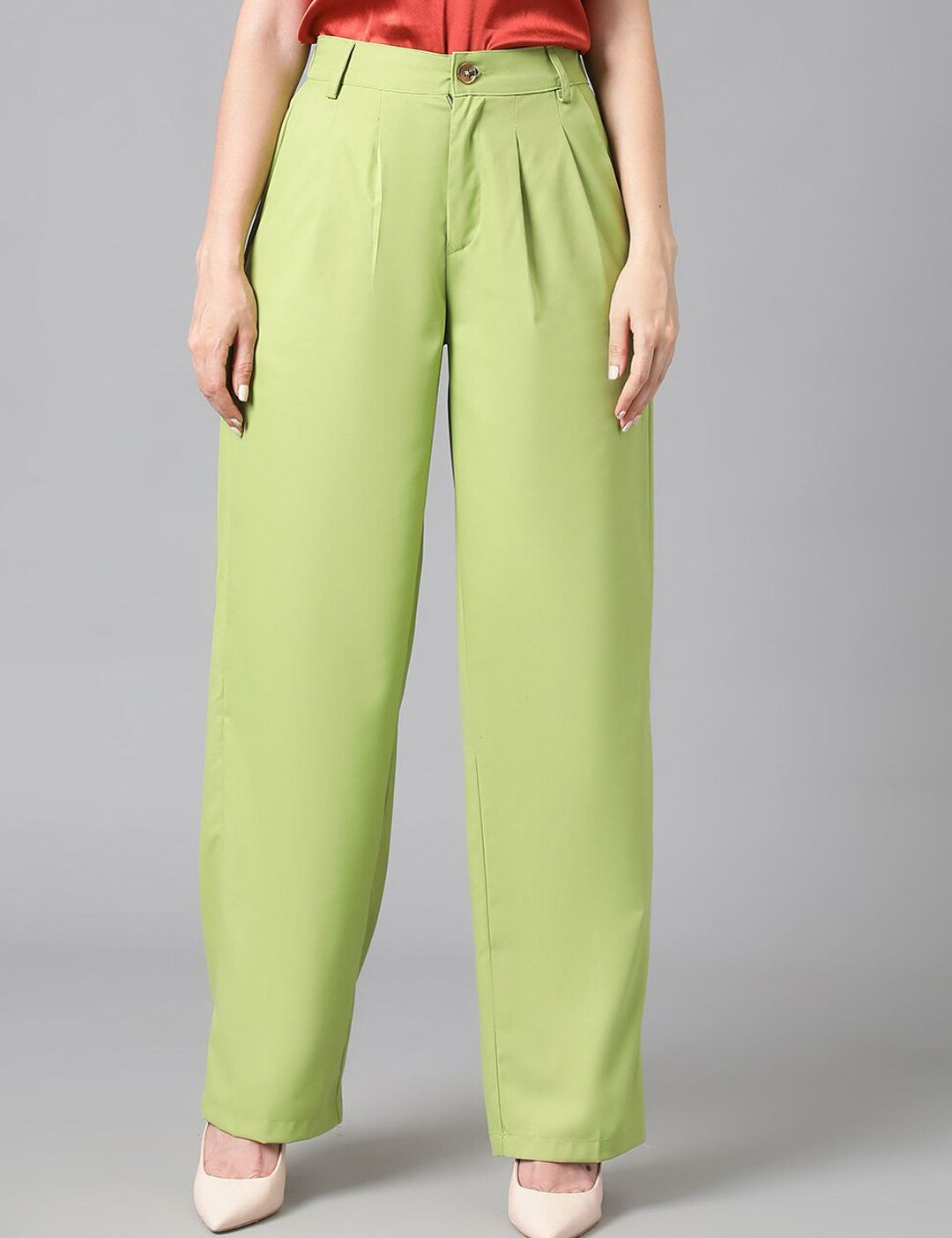 Kotty Women Green Relaxed Straight Leg Straight Fit High-Rise Easy Wash Pleated Trousers