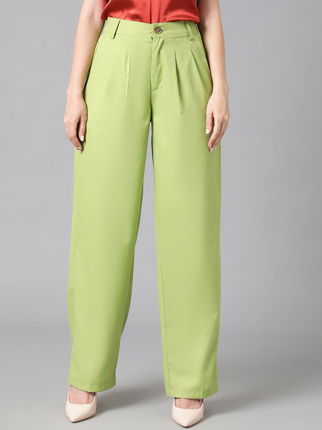 Kotty Women Green Relaxed Straight Leg Straight Fit High-Rise Easy Wash Pleated Trousers