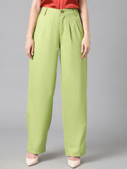 Kotty Women Green Relaxed Straight Leg Straight Fit High-Rise Easy Wash Pleated Trousers