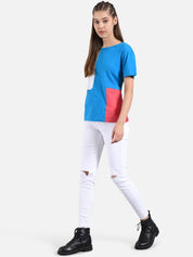 Kotty Women White & Blue Colourblocked Round Neck T-shirt